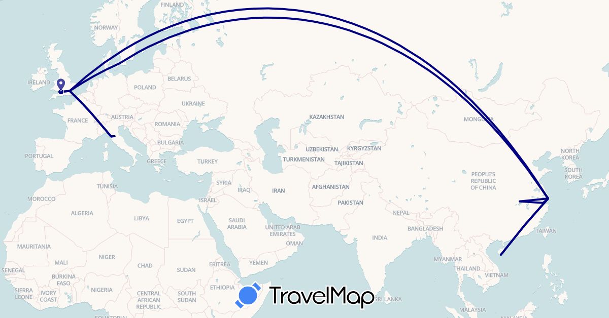 TravelMap itinerary: driving in China, Denmark, United Kingdom, Italy (Asia, Europe)