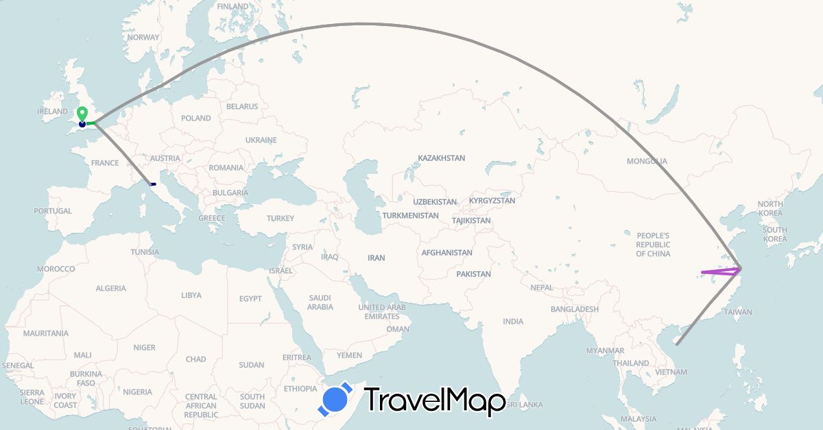 TravelMap itinerary: driving, bus, plane, train in China, Denmark, United Kingdom, Italy (Asia, Europe)